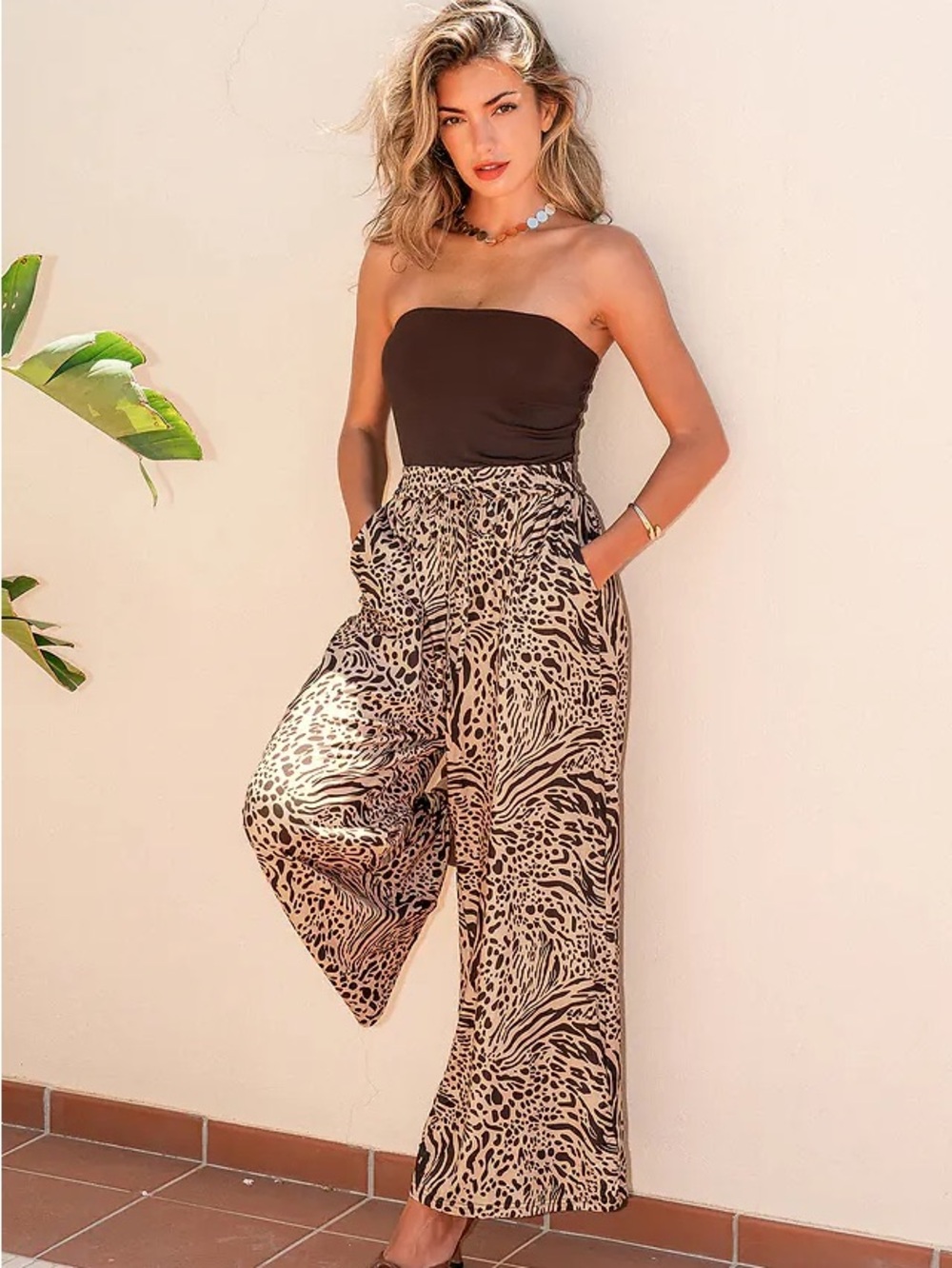 Cupshe Brown & Cream Animal Print Wide-Leg Pants
